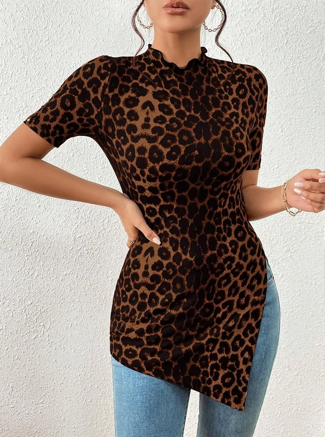 Hilinker Women's Leopard Print Split Hem Tops Summer Mock Neck Short Sleeve Shirts