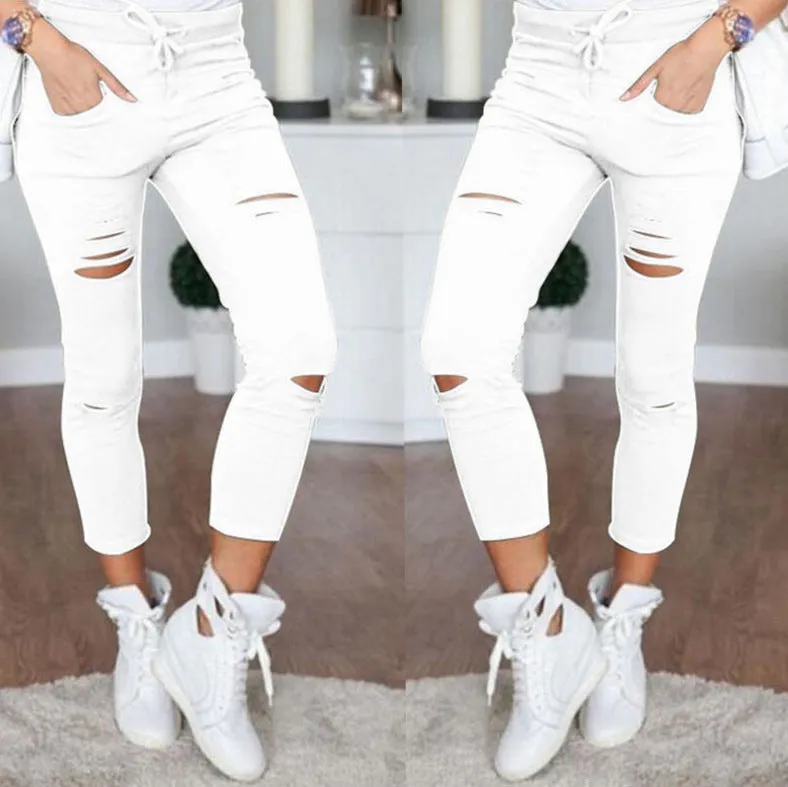 Lanfubeisi nba outfit for women Casual Pants Pencil Pants Ripped Women's Leggings