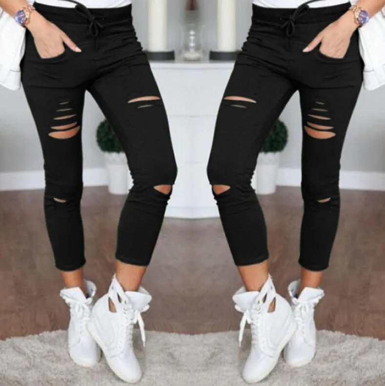 Lanfubeisi nba outfit for women Casual Pants Pencil Pants Ripped Women's Leggings