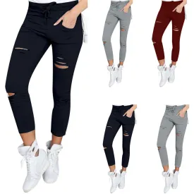 Lanfubeisi nba outfit for women Casual Pants Pencil Pants Ripped Women's Leggings