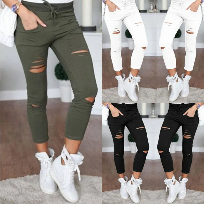 Lanfubeisi nba outfit for women Casual Pants Pencil Pants Ripped Women's Leggings