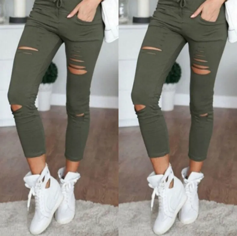 Lanfubeisi nba outfit for women Casual Pants Pencil Pants Ripped Women's Leggings