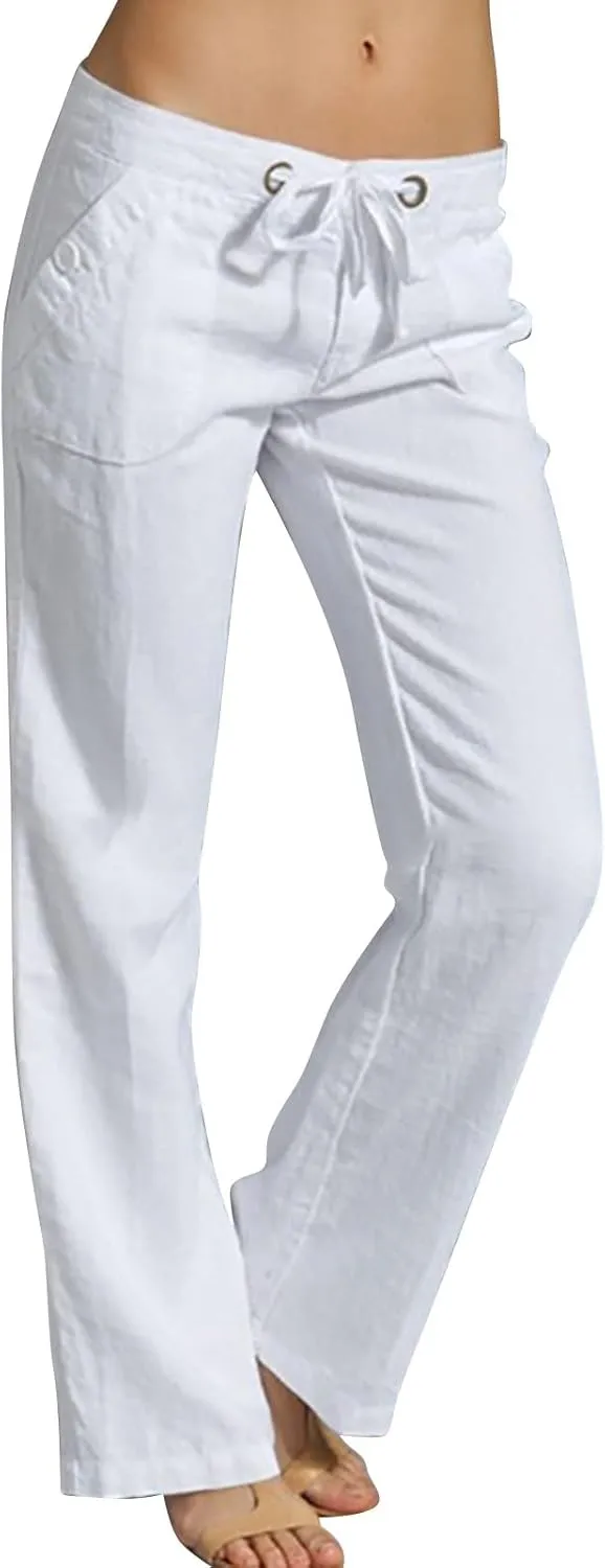 Linen Pants Women Straight Leg Low Rise Lounge Lightweight Capri Pants Summer Drawstring Casual Work Pants Trousers