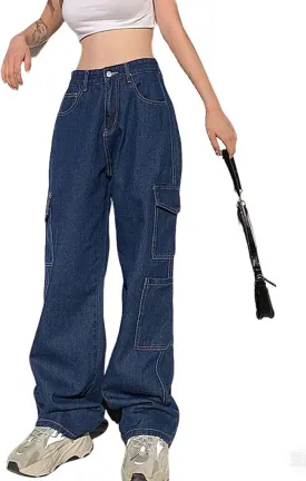 LONGBIDA Women's High Waisted Cargo Jeans Y2K Straight Wide Leg Baggy Jean Loose Denim Cargos Pants Trousers