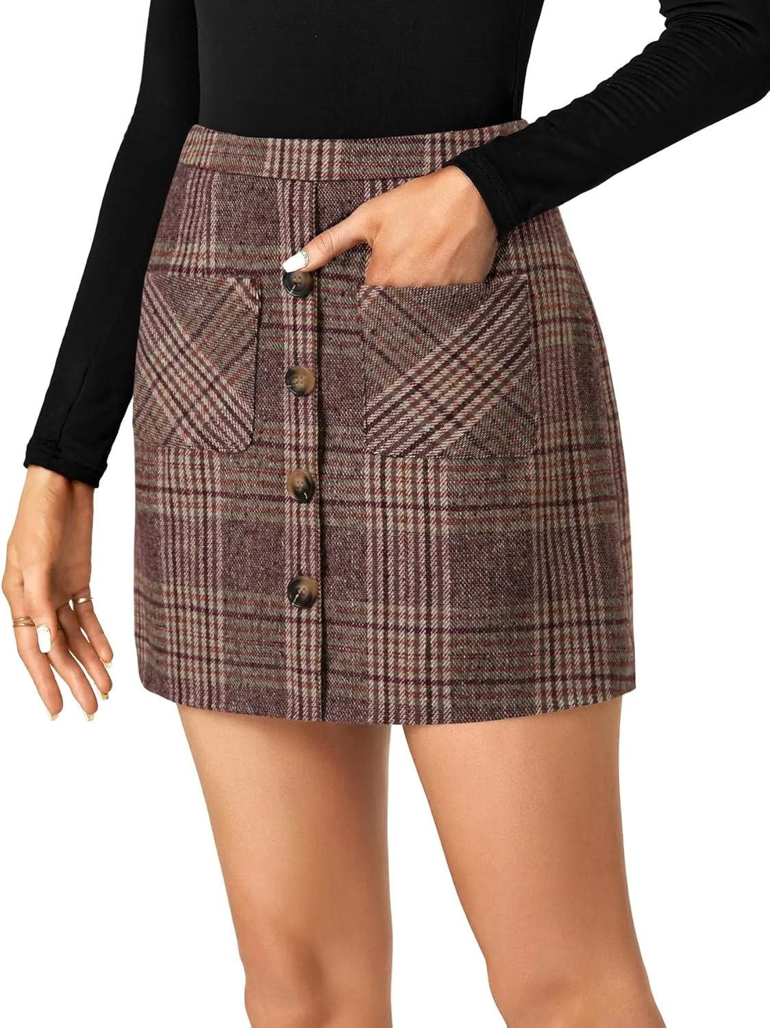 LYANER Women's Fall Winter Plaid Mini Skirt High Waist Button Zipper Bodycon Pencil Short Skirts with Pockets