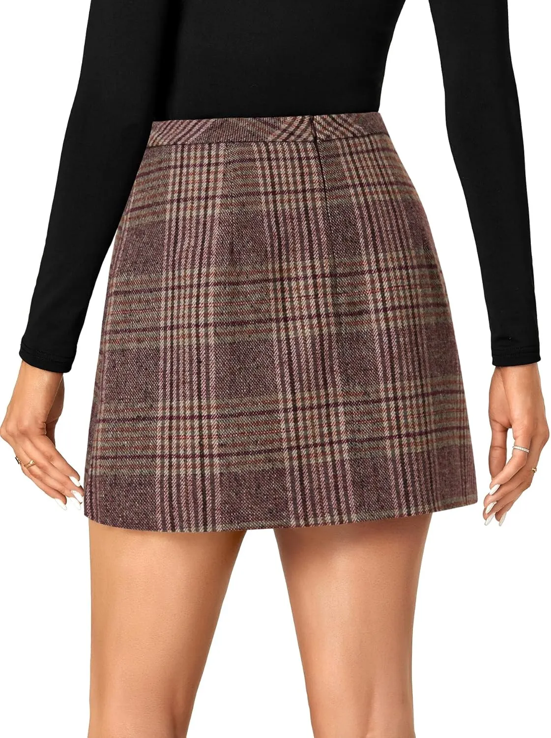 LYANER Women's Fall Winter Plaid Mini Skirt High Waist Button Zipper Bodycon Pencil Short Skirts with Pockets