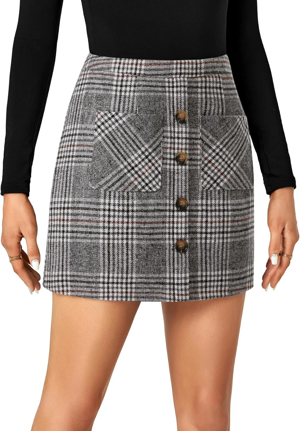 LYANER Women's Fall Winter Plaid Mini Skirt High Waist Button Zipper Bodycon Pencil Short Skirts with Pockets