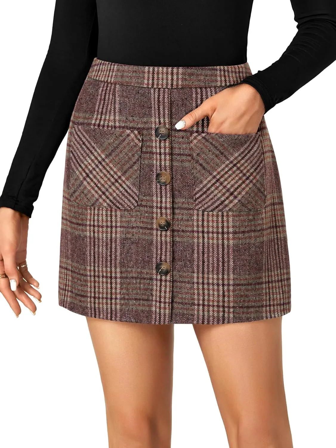 LYANER Women's Fall Winter Plaid Mini Skirt High Waist Button Zipper Bodycon Pencil Short Skirts with Pockets