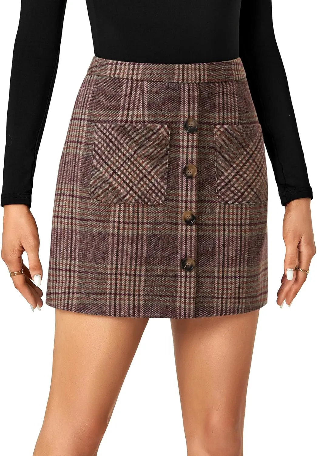 LYANER Women's Fall Winter Plaid Mini Skirt High Waist Button Zipper Bodycon Pencil Short Skirts with Pockets