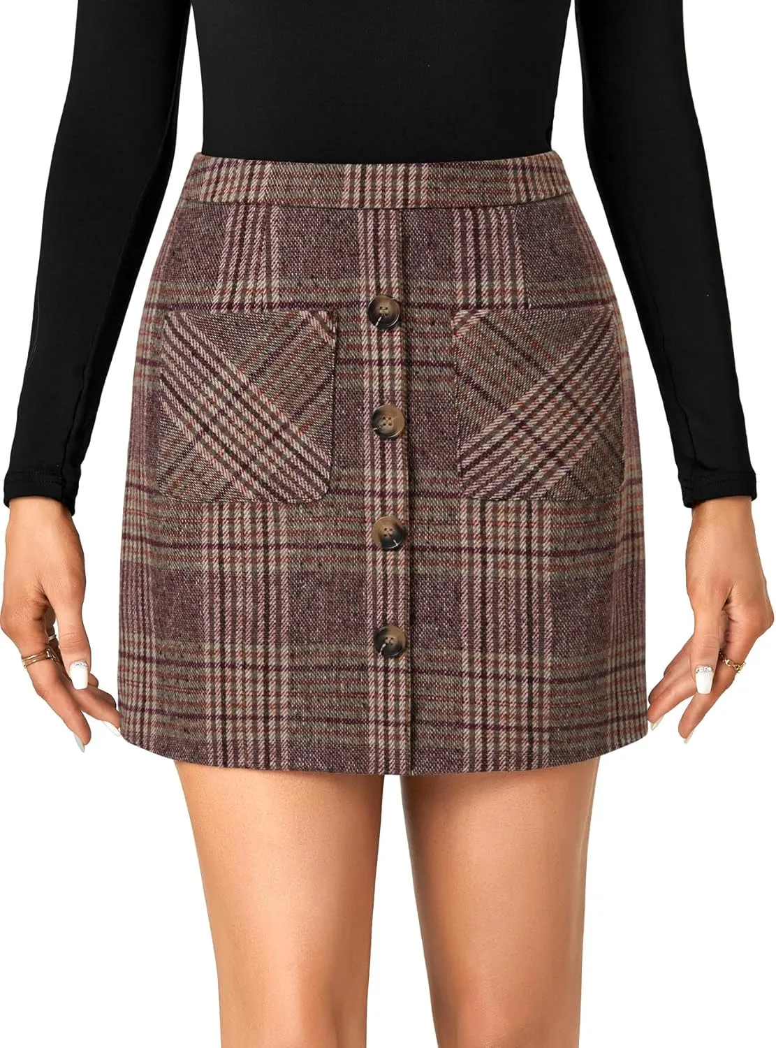 LYANER Women's Fall Winter Plaid Mini Skirt High Waist Button Zipper Bodycon Pencil Short Skirts with Pockets