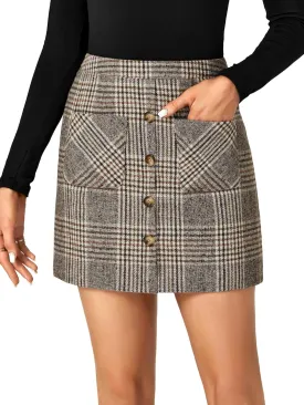 LYANER Women's Fall Winter Plaid Mini Skirt High Waist Button Zipper Bodycon Pencil Short Skirts with Pockets