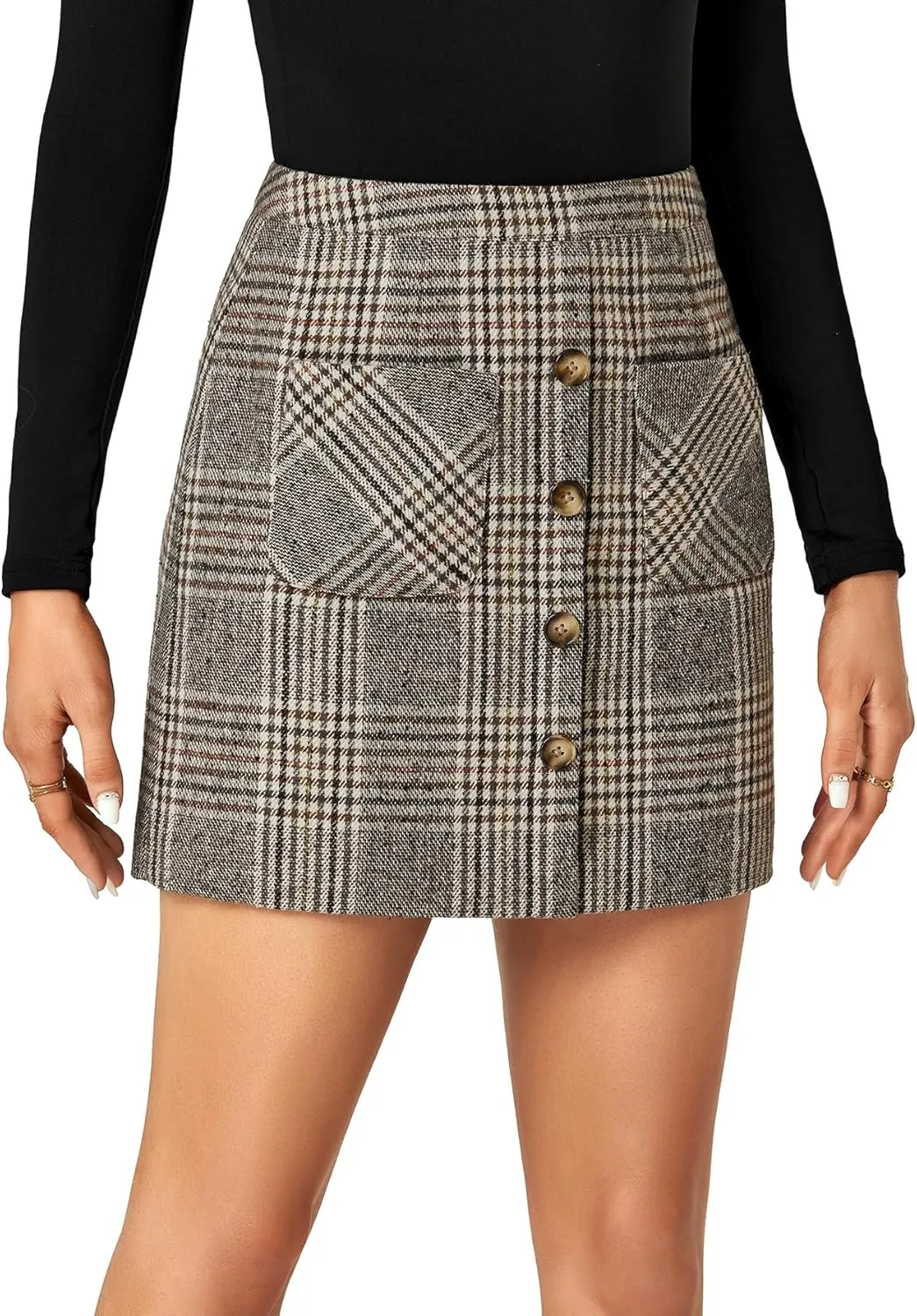 LYANER Women's Fall Winter Plaid Mini Skirt High Waist Button Zipper Bodycon Pencil Short Skirts with Pockets