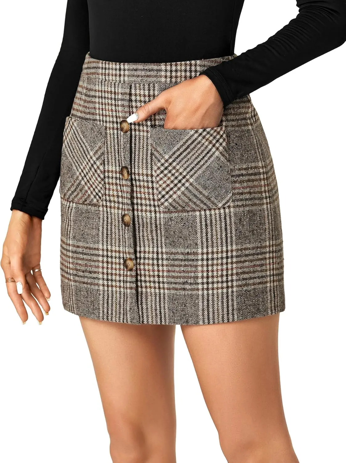 LYANER Women's Fall Winter Plaid Mini Skirt High Waist Button Zipper Bodycon Pencil Short Skirts with Pockets