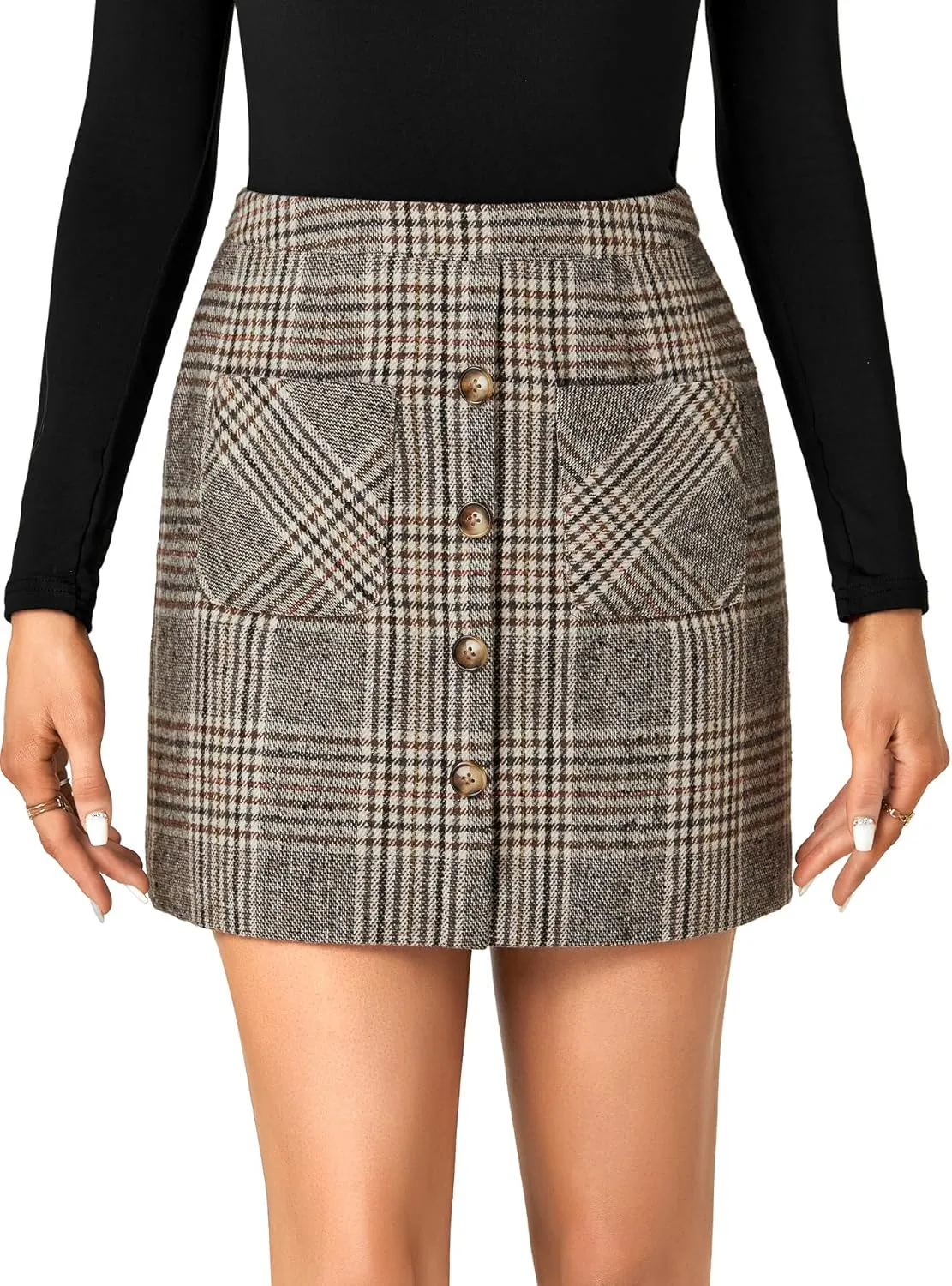 LYANER Women's Fall Winter Plaid Mini Skirt High Waist Button Zipper Bodycon Pencil Short Skirts with Pockets