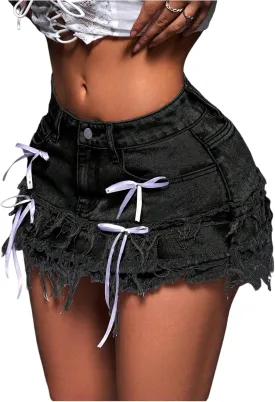 MakeMeChic Women's Denim Skirt Bow Knot Y2K Raw Hem A Line Mini Jean Skirts
