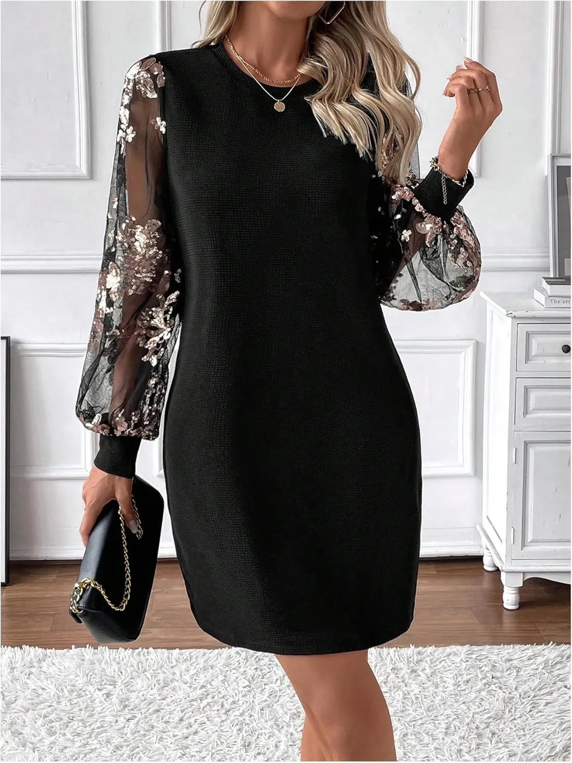 MakeMeChic Women's Summer Long Sleeve Floral Sheer Dress Wedding Guest Mesh Crew Neck Lace Black Mini Dresses