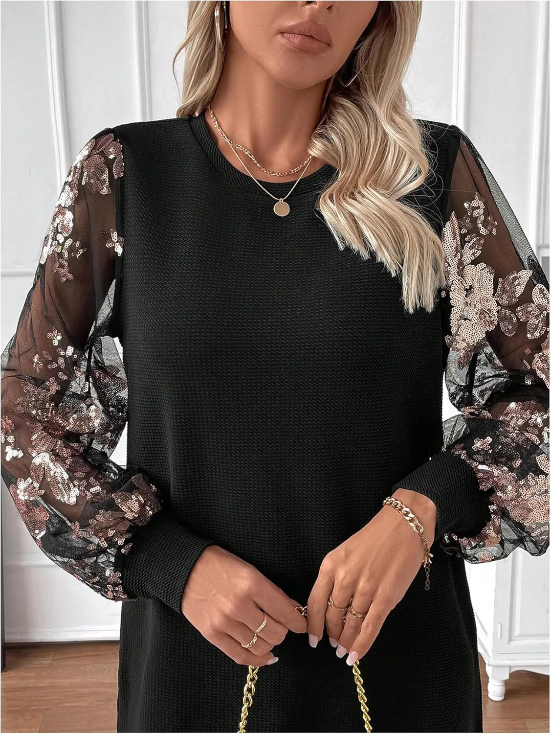 MakeMeChic Women's Summer Long Sleeve Floral Sheer Dress Wedding Guest Mesh Crew Neck Lace Black Mini Dresses