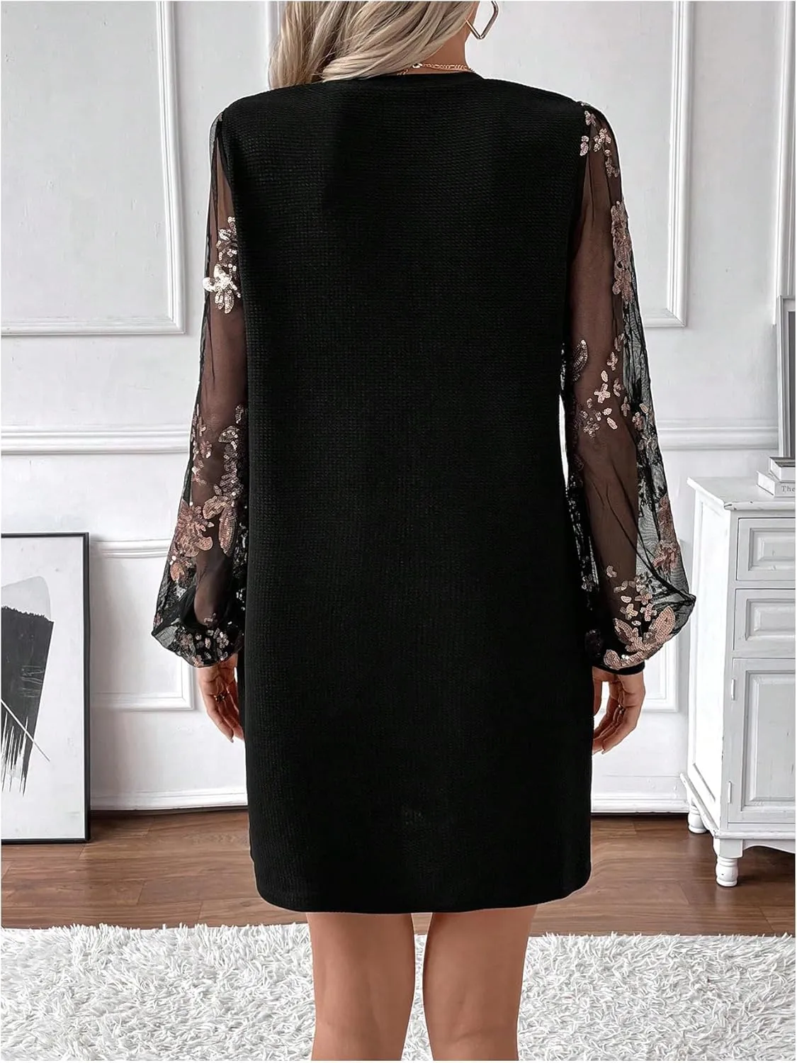 MakeMeChic Women's Summer Long Sleeve Floral Sheer Dress Wedding Guest Mesh Crew Neck Lace Black Mini Dresses