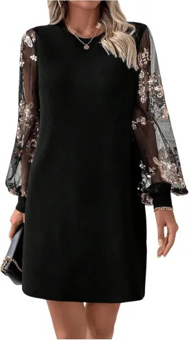 MakeMeChic Women's Summer Long Sleeve Floral Sheer Dress Wedding Guest Mesh Crew Neck Lace Black Mini Dresses