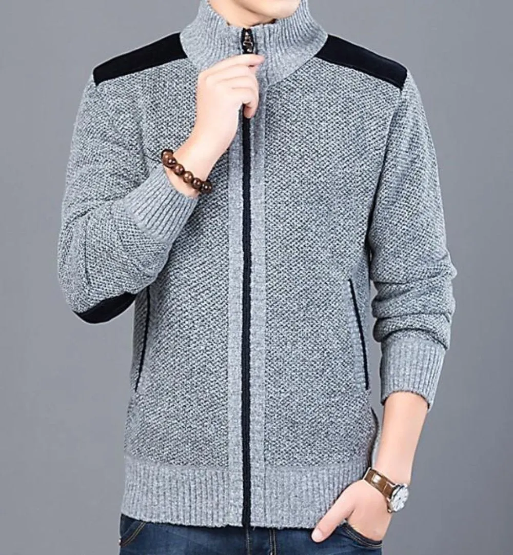 Mens Zipped Up Cardigan with Elbow Patch in Blue