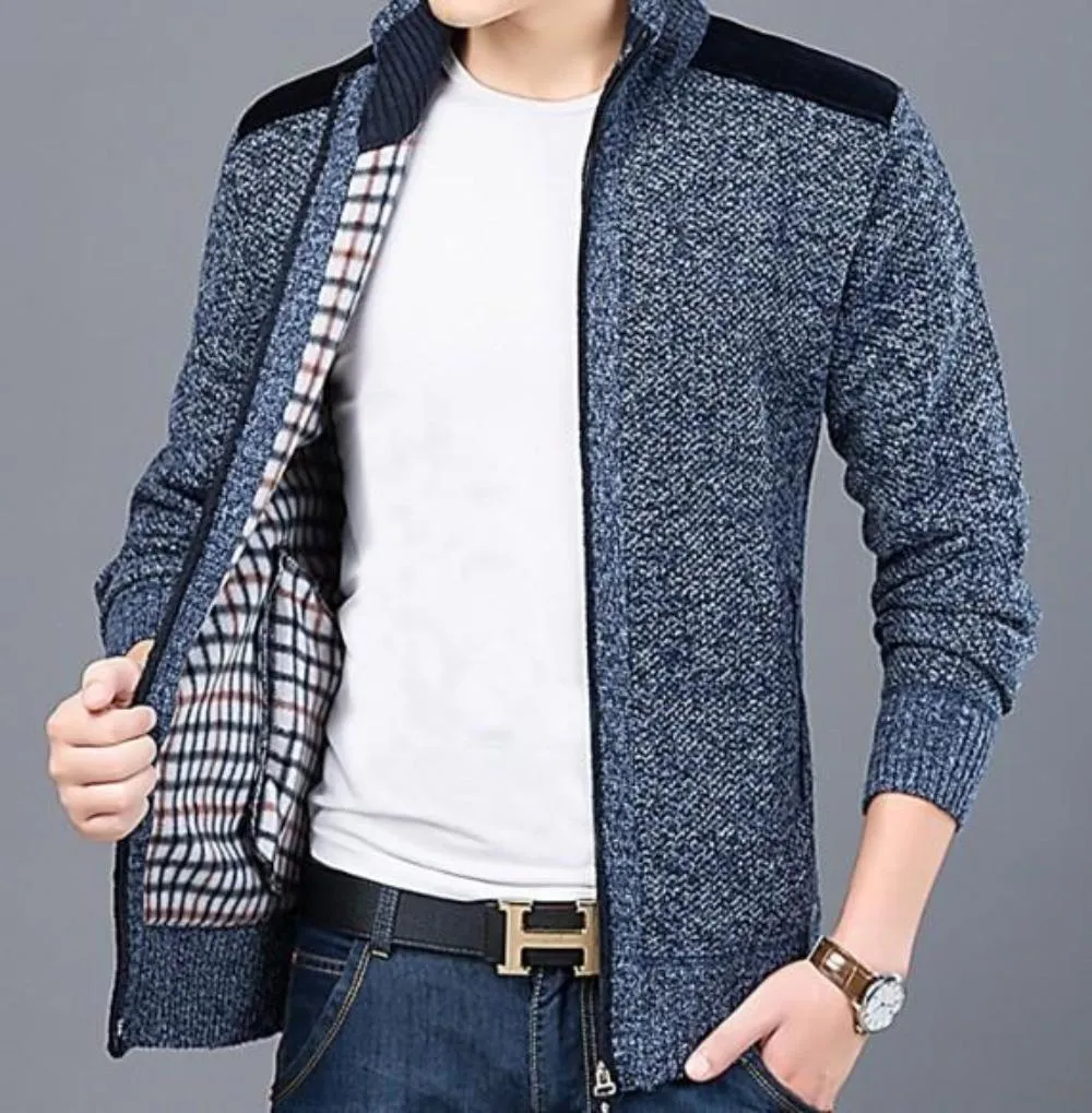 Mens Zipped Up Cardigan with Elbow Patch in Blue