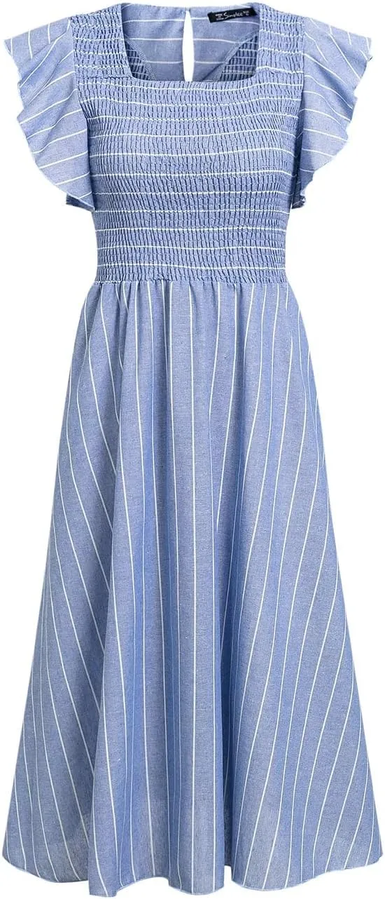 Miessial Womens Casual Summer Midi Dress Short Sleeve Smocked Linen Dresses 2025 Boho Beach Wedding Guest Dress with Pockets