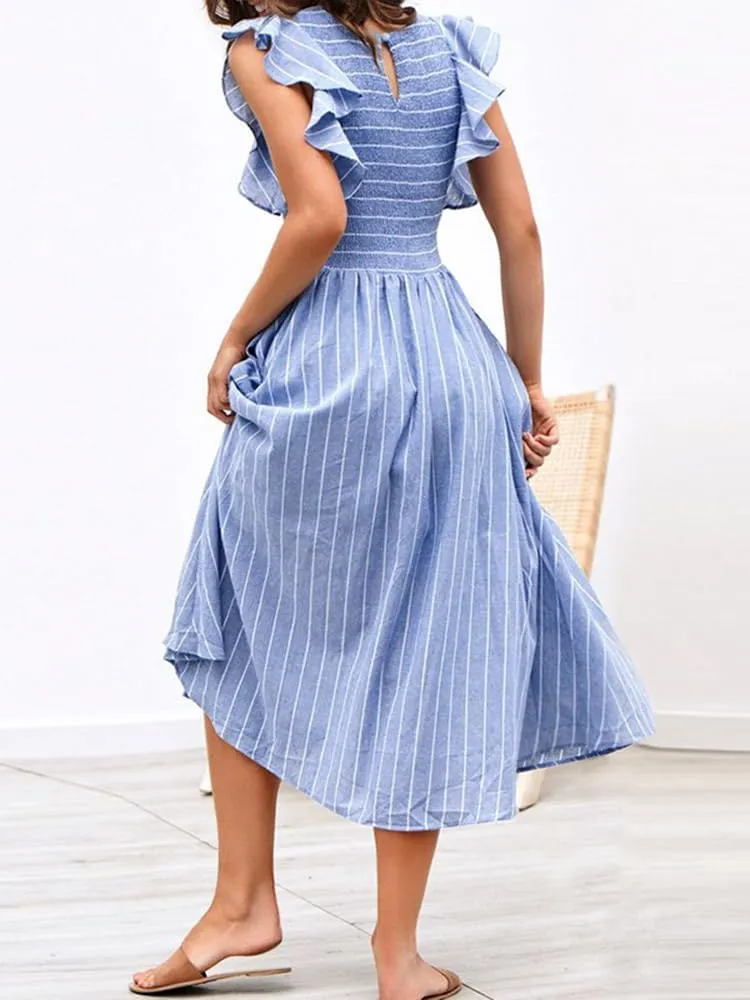 Miessial Womens Casual Summer Midi Dress Short Sleeve Smocked Linen Dresses 2025 Boho Beach Wedding Guest Dress with Pockets