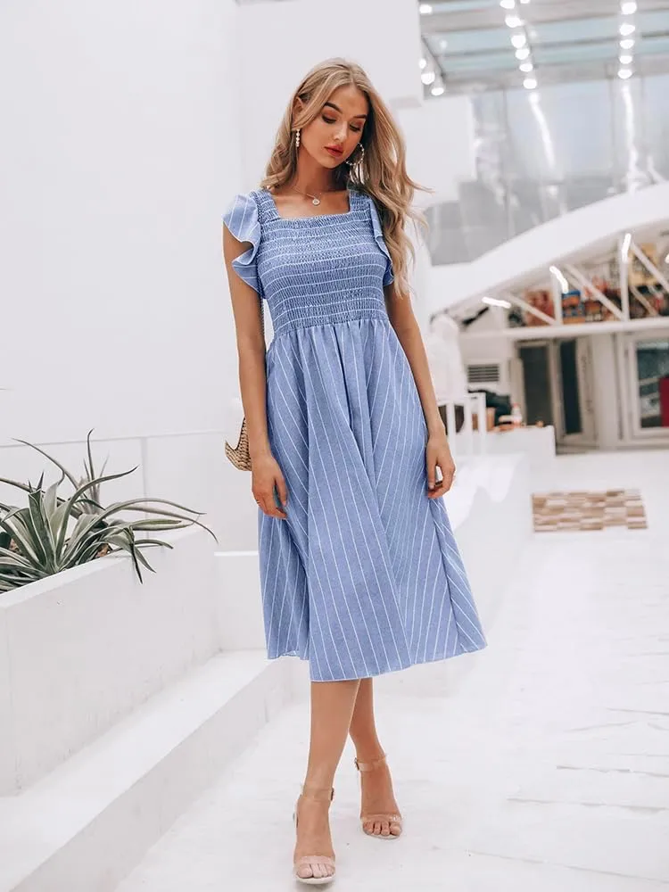 Miessial Womens Casual Summer Midi Dress Short Sleeve Smocked Linen Dresses 2025 Boho Beach Wedding Guest Dress with Pockets