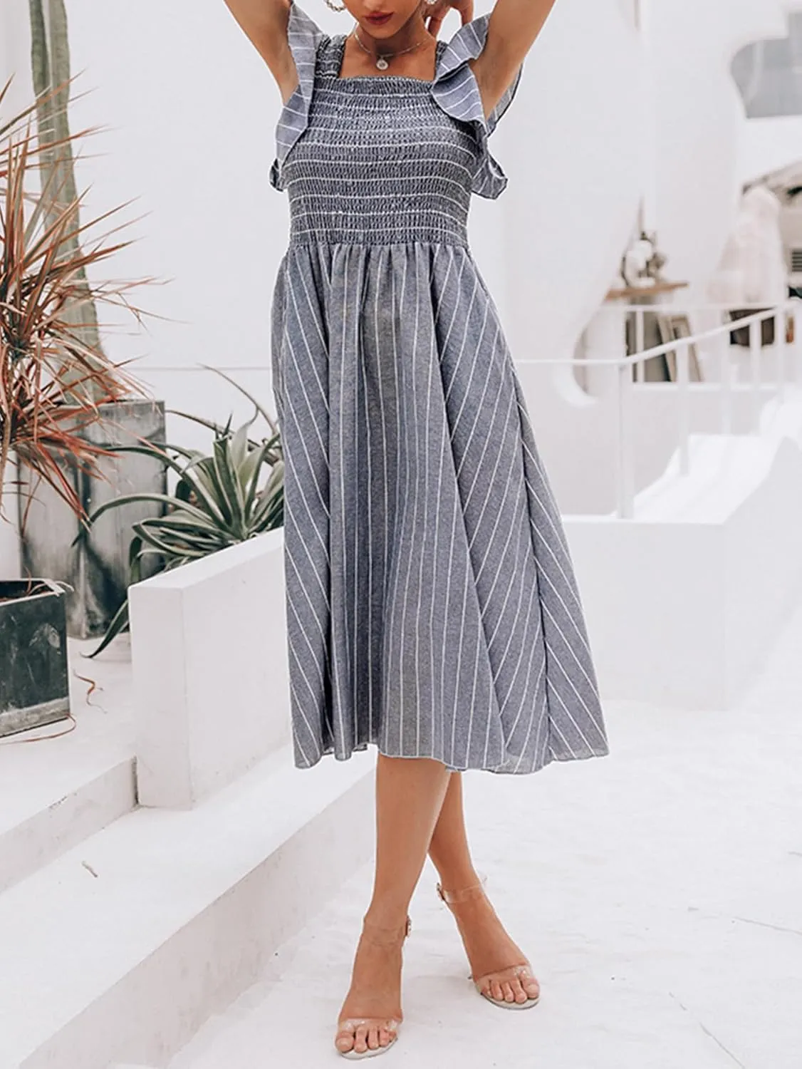 Miessial Womens Casual Summer Midi Dress Short Sleeve Smocked Linen Dresses 2025 Boho Beach Wedding Guest Dress with Pockets