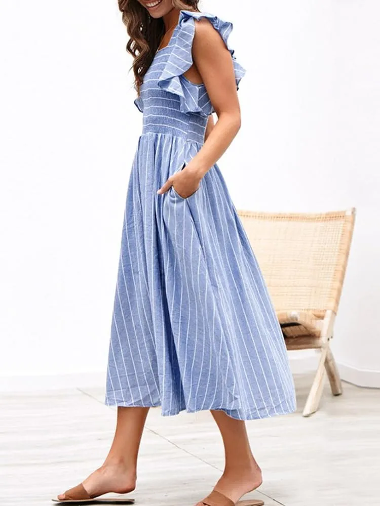Miessial Womens Casual Summer Midi Dress Short Sleeve Smocked Linen Dresses 2025 Boho Beach Wedding Guest Dress with Pockets