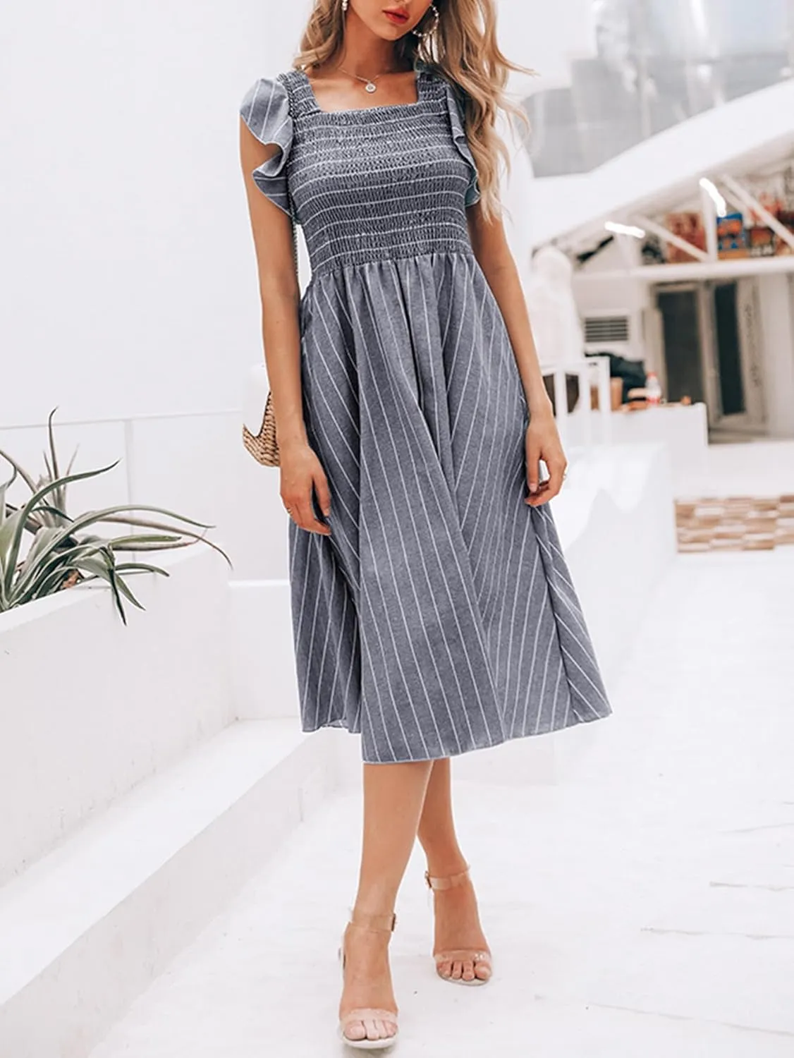 Miessial Womens Casual Summer Midi Dress Short Sleeve Smocked Linen Dresses 2025 Boho Beach Wedding Guest Dress with Pockets