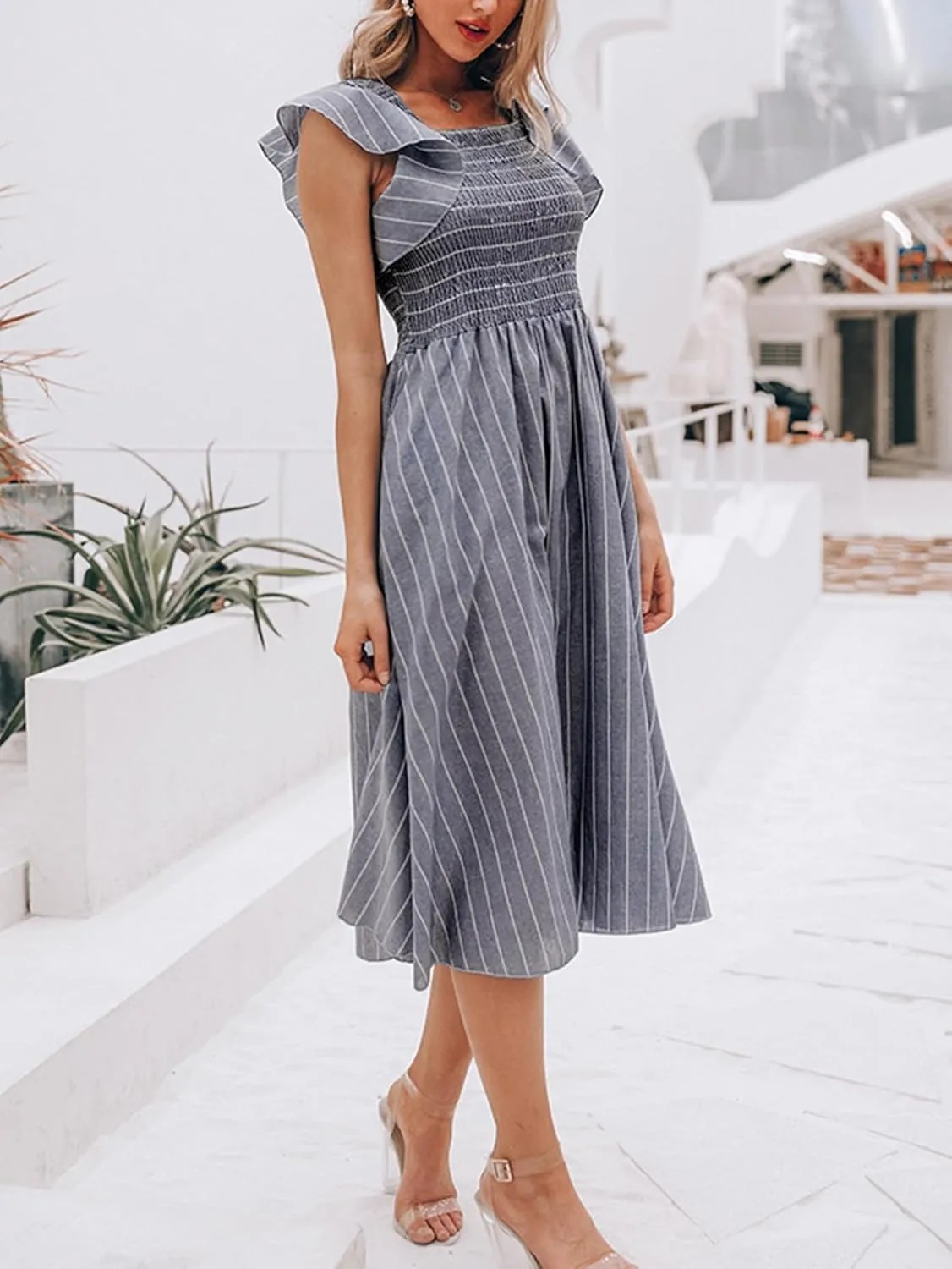 Miessial Womens Casual Summer Midi Dress Short Sleeve Smocked Linen Dresses 2025 Boho Beach Wedding Guest Dress with Pockets