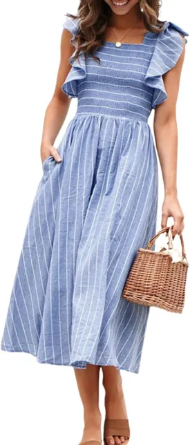 Miessial Womens Casual Summer Midi Dress Short Sleeve Smocked Linen Dresses 2025 Boho Beach Wedding Guest Dress with Pockets
