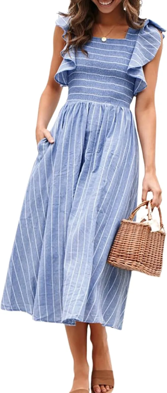 Miessial Womens Casual Summer Midi Dress Short Sleeve Smocked Linen Dresses 2025 Boho Beach Wedding Guest Dress with Pockets