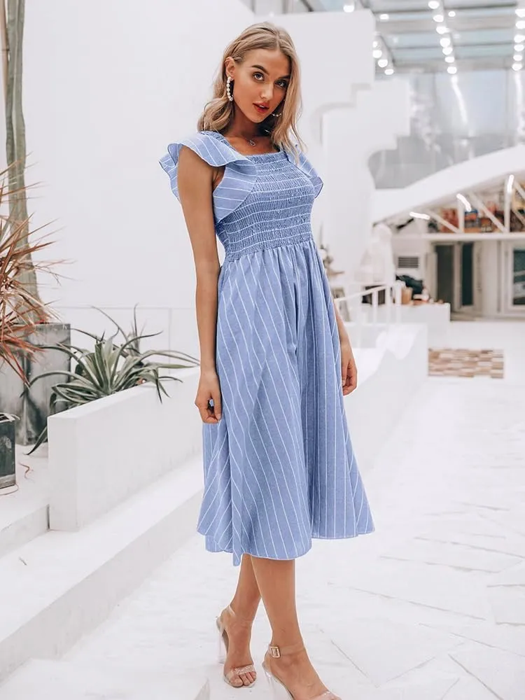 Miessial Womens Casual Summer Midi Dress Short Sleeve Smocked Linen Dresses 2025 Boho Beach Wedding Guest Dress with Pockets