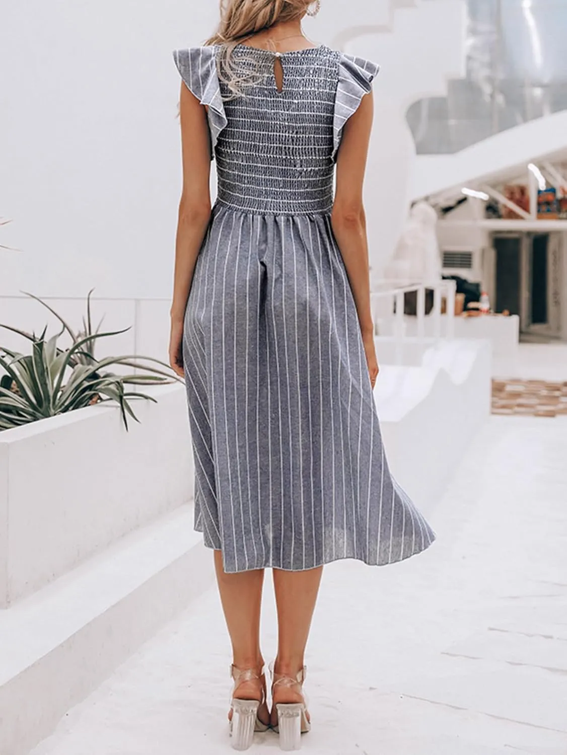 Miessial Womens Casual Summer Midi Dress Short Sleeve Smocked Linen Dresses 2025 Boho Beach Wedding Guest Dress with Pockets