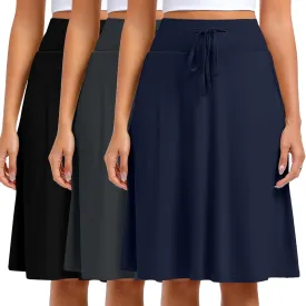 Neer 3 Pack Women's Skirts High Waisted Drawstring Versatile Casual Midi Skater Skirt Stretchy Flared Pull On(Black, Dark Gray, Navy Blue,Small)
