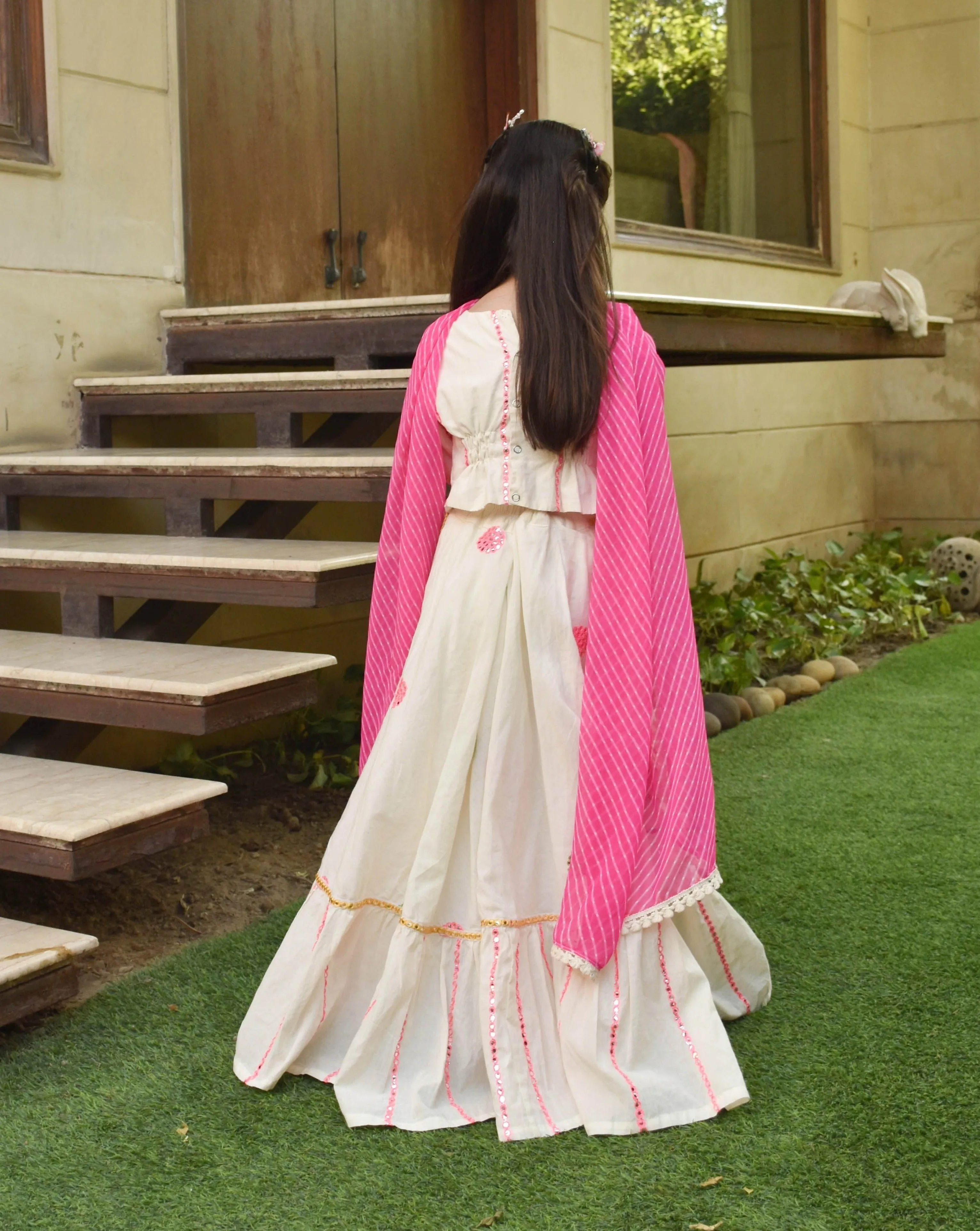 Off white Embroidered Crop Top & Skirt With Dupatta Set