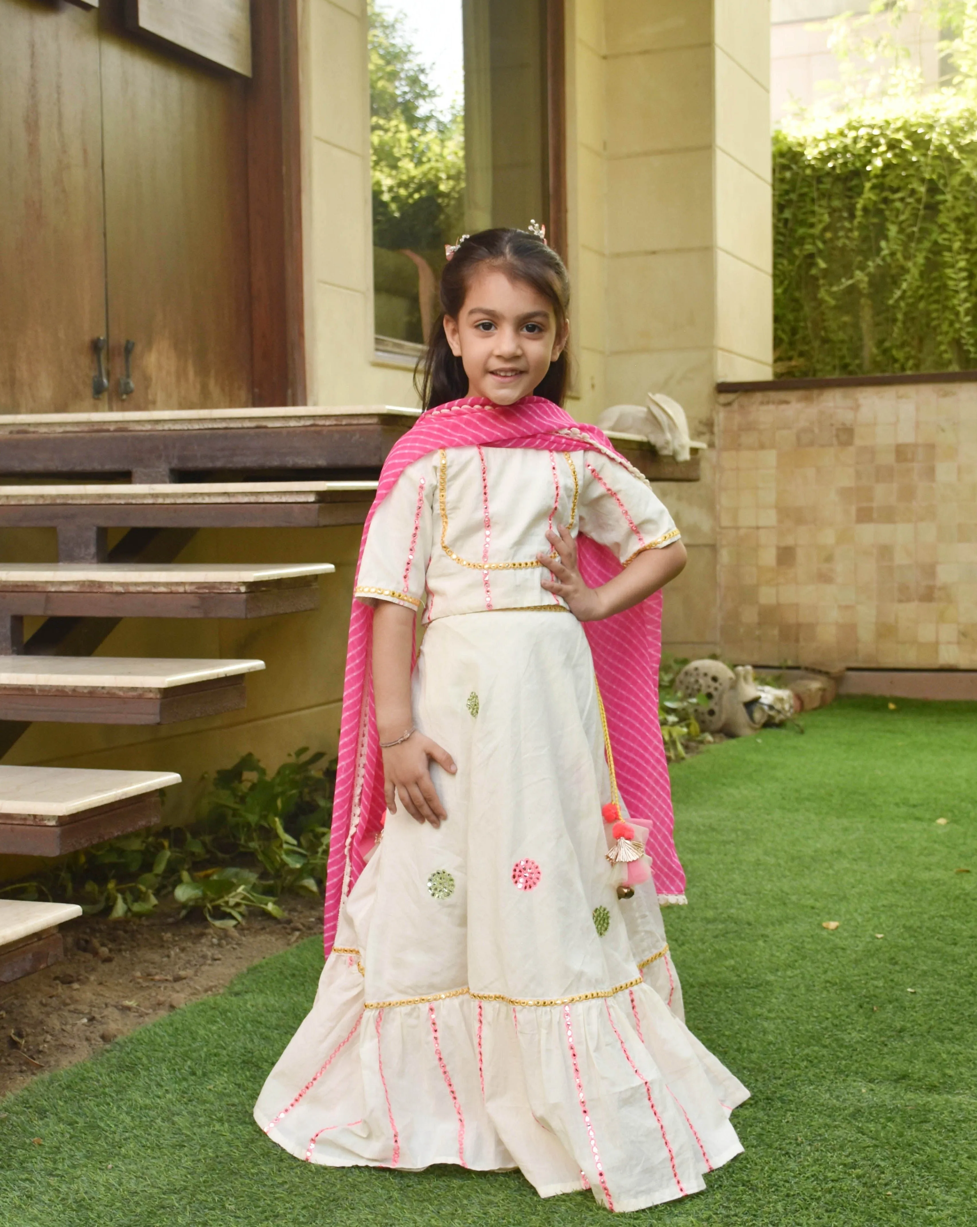 Off white Embroidered Crop Top & Skirt With Dupatta Set