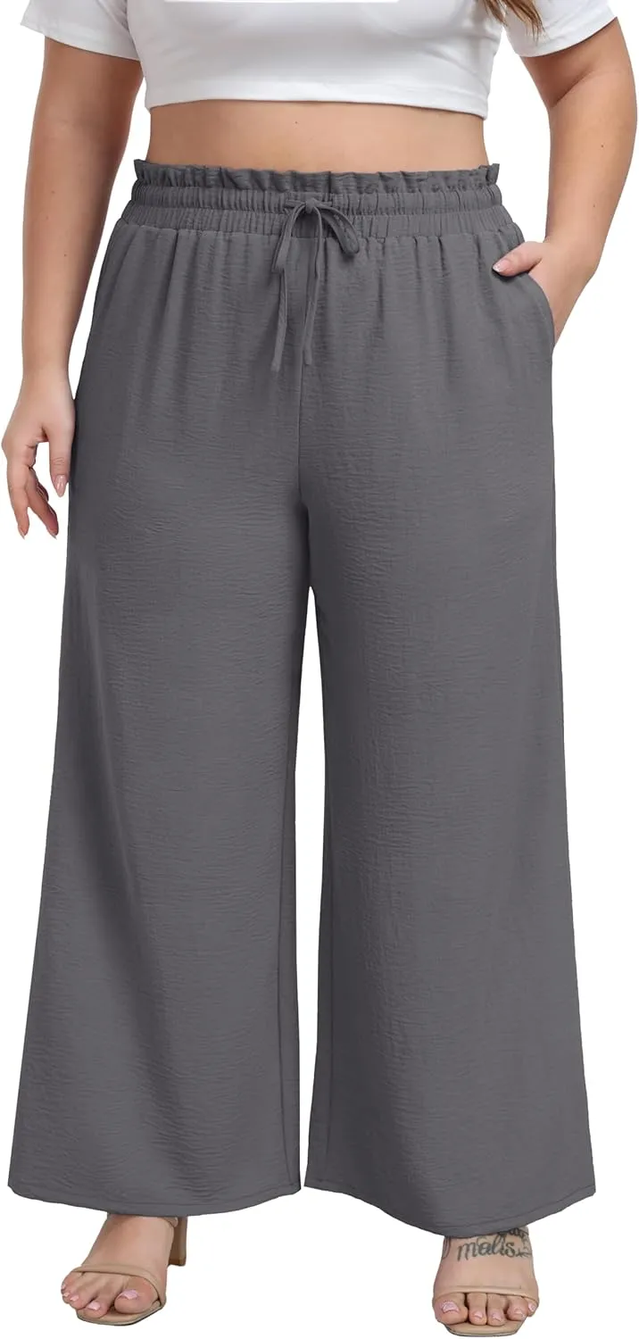 OLRIK Palazzo Pants for Women Plus Size Wide Leg Pants Stretchy Beach Trousers with Pockets Smoky Gray-4X