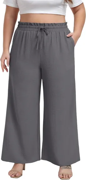 OLRIK Palazzo Pants for Women Plus Size Wide Leg Pants Stretchy Beach Trousers with Pockets Smoky Gray-4X