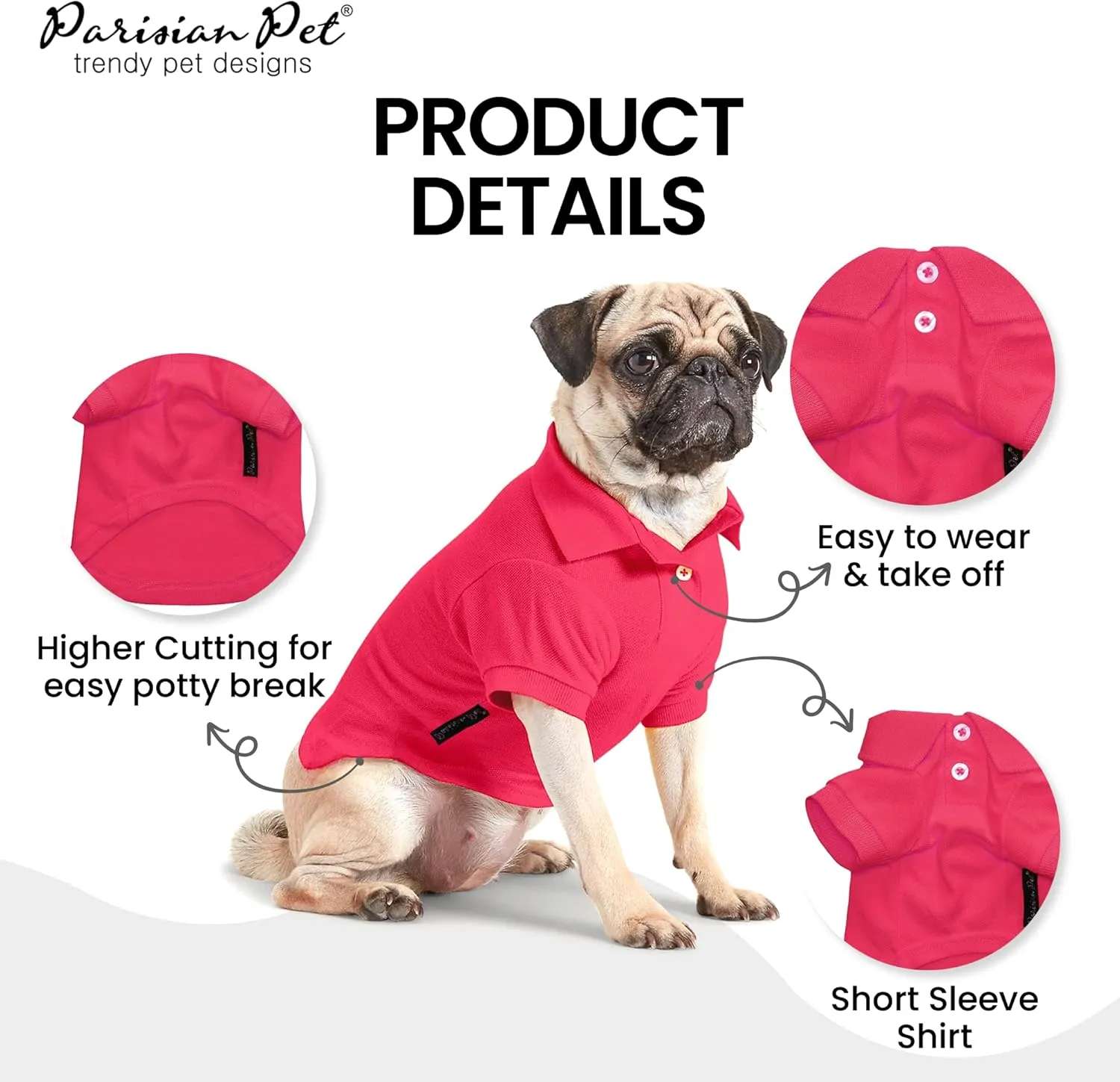 Parisian Pet Polo Shirts - Breathable Cotton Shirt for Dogs - Solid Color Summer Pullover Clothes - Button Up Collar, Pink for Large Dogs