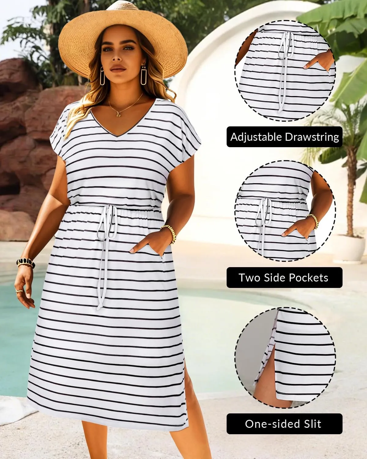 Pinup Fashion Women Plus Size Summer Dresses - Casual Work T Shirt V Neck Midi Dress with Pockets