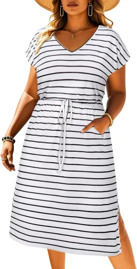Pinup Fashion Women Plus Size Summer Dresses - Casual Work T Shirt V Neck Midi Dress with Pockets
