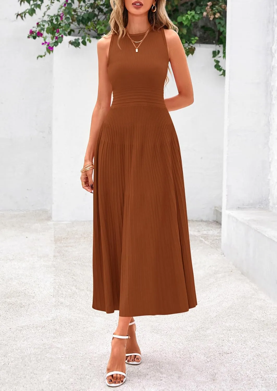 PRETTYGARDEN Spring Casual Dresses for Women 2025 Summer Business Work Midi Sleeveless A Line Pleated Cocktail Dress