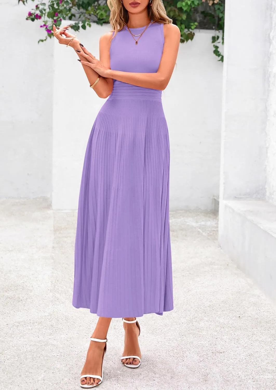 PRETTYGARDEN Spring Casual Dresses for Women 2025 Summer Business Work Midi Sleeveless A Line Pleated Cocktail Dress
