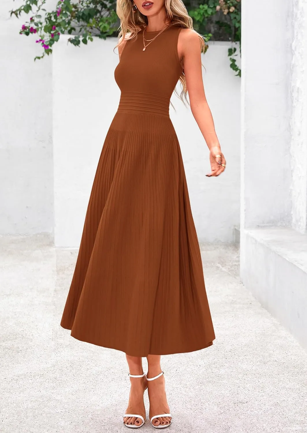 PRETTYGARDEN Spring Casual Dresses for Women 2025 Summer Business Work Midi Sleeveless A Line Pleated Cocktail Dress