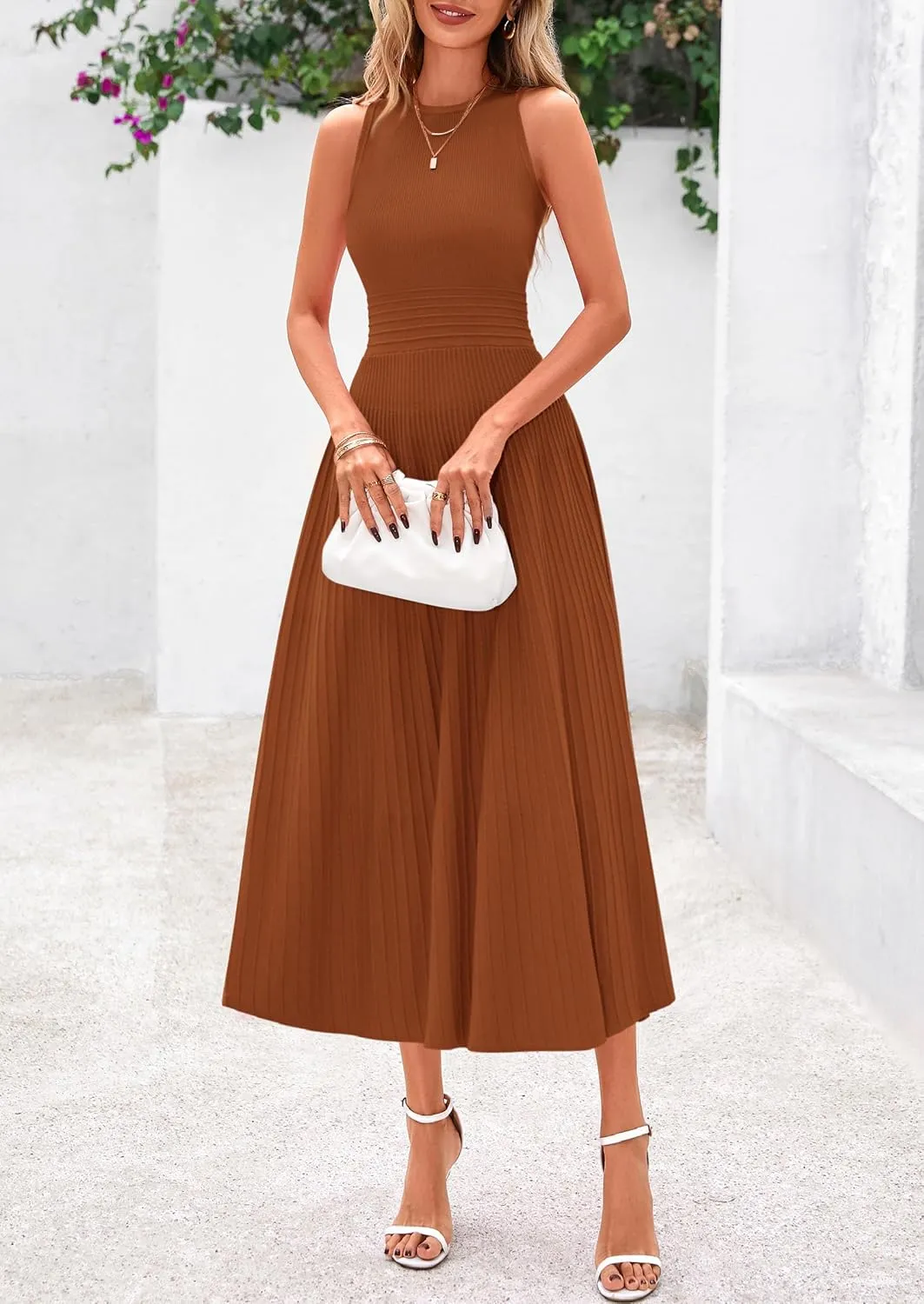 PRETTYGARDEN Spring Casual Dresses for Women 2025 Summer Business Work Midi Sleeveless A Line Pleated Cocktail Dress