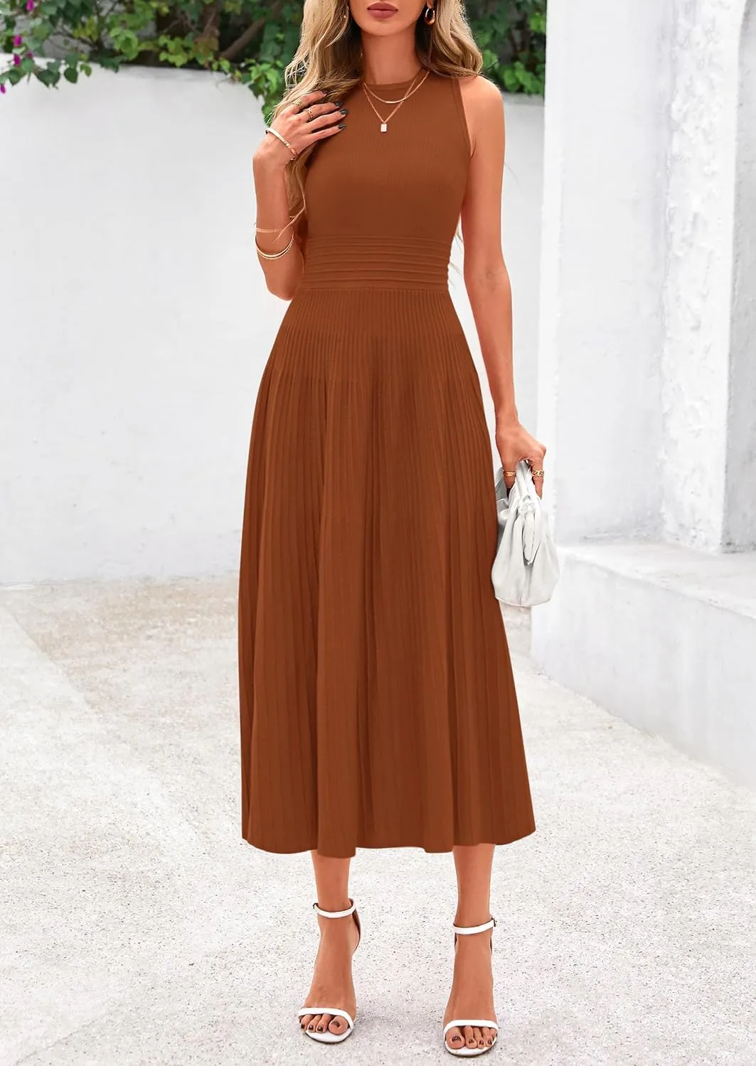 PRETTYGARDEN Spring Casual Dresses for Women 2025 Summer Business Work Midi Sleeveless A Line Pleated Cocktail Dress
