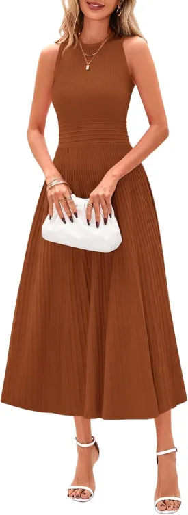 PRETTYGARDEN Spring Casual Dresses for Women 2025 Summer Business Work Midi Sleeveless A Line Pleated Cocktail Dress